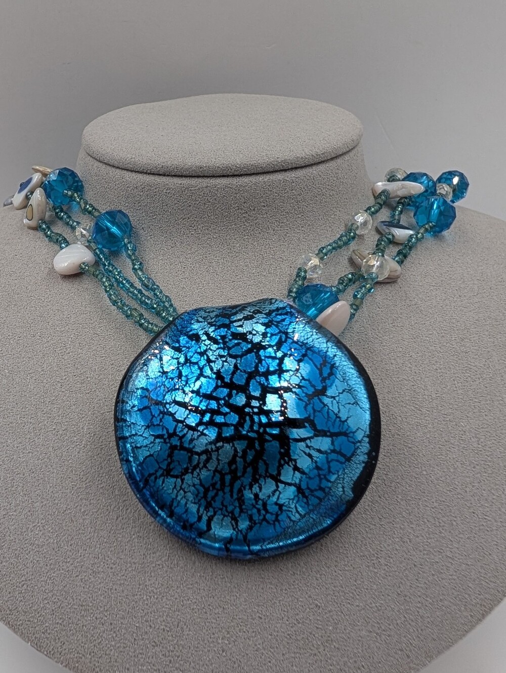 Art Glass Blue Statement Necklace Multistrand Shell Beads Large Pendant 0802